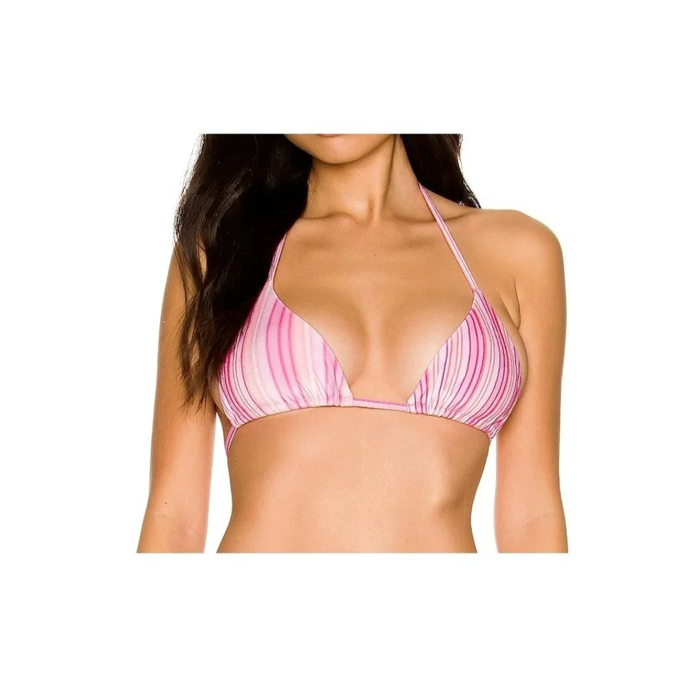 Frankies Bikinis Tia Velvet Bikini Top Halter Tie Back Solar Stripe Pink XXL